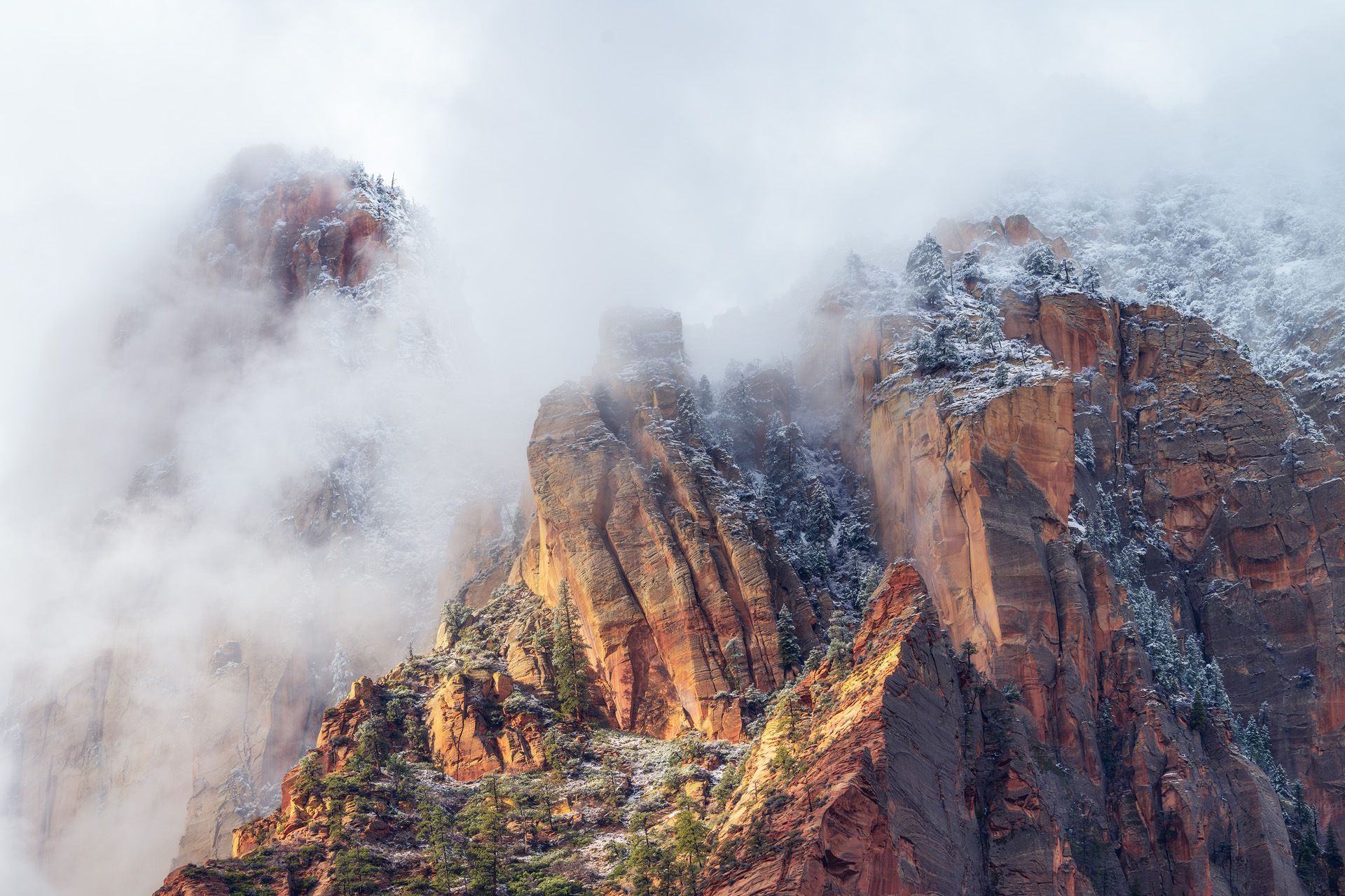 Towering Spires of Zion Winter conditions in Zion National Park provide a magical setting near the Court of the Patriarchs.